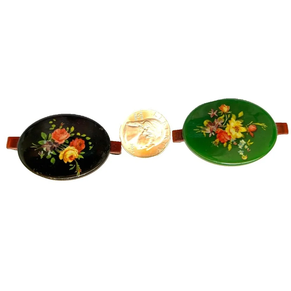 Vintage 1960s Mid Century Floral Oval Retro Hair Clip Barrette Lot 3 Cottagecore